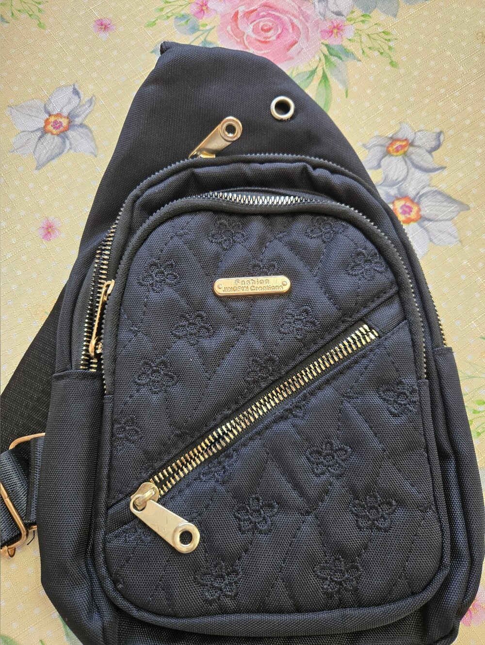 Black Fashion Crossbody Sling Bag with Gold Hardware